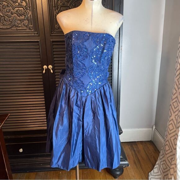 Vintage 80s 90s Gunne Sax Drop Basque Waist Satin Dress Bubble Bow Strapless - Picture 2 of 10